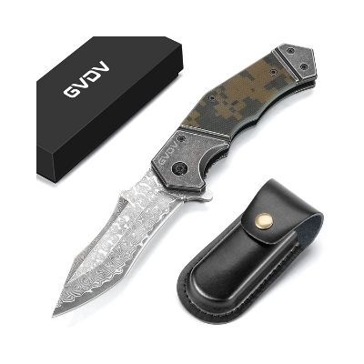 GVDV Damascus Pocket Folding Knife with G10 Handle